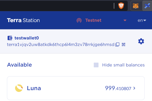 The Terra Station browser extension showing a LUNA balance on Testnet.